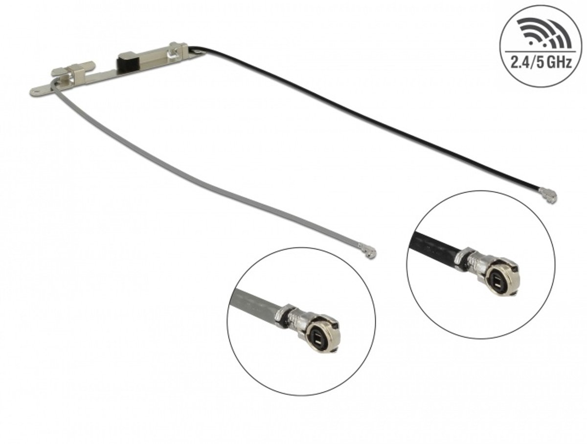 Delock WLAN Twin Antenna 2 x I-PEX Inc., MHF® 4L plug 802.11 ac/a/h/b/g/n 1.12 - 3.18 dBi 1.13 36 cm internal screw mounting or self adhesive