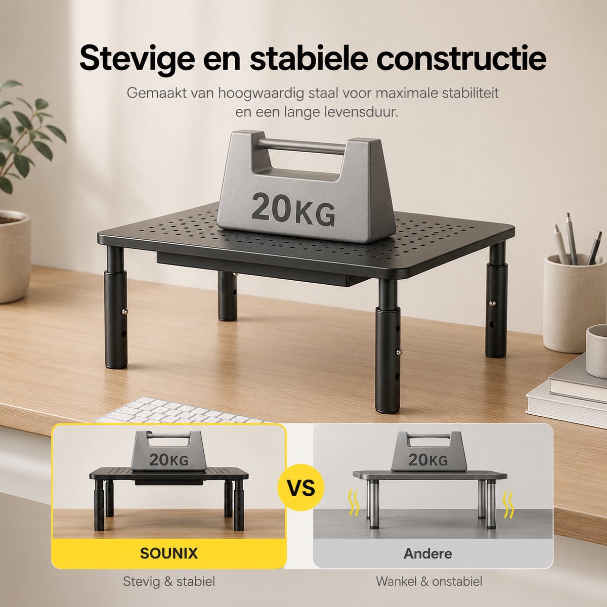 Sounix Monitor Standaard Verstelbaar - Voor Monitor tot 32"/20kg - Monitorverhoger voor Computer Beeldscherm of Printer - Zwart — afbeelding 4