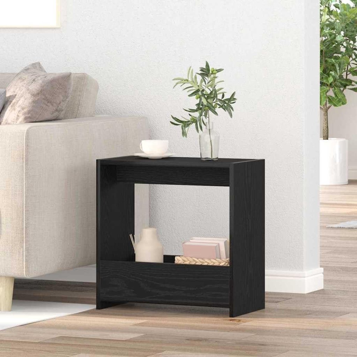 Bijzettafel Hout - Moderne Tafel - Woonkamer Decoratie - Compact Design - 50 x 26 x 50 cm - Zwart Eikenlook
