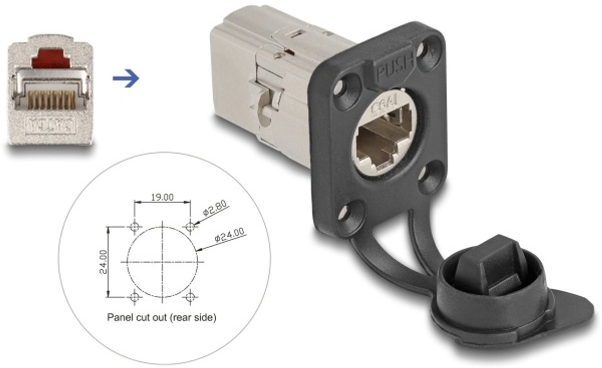 Delock D-Type RJ45 built-in connector / coupler Cat.6A STP with protective cap IP66 dust and waterproof