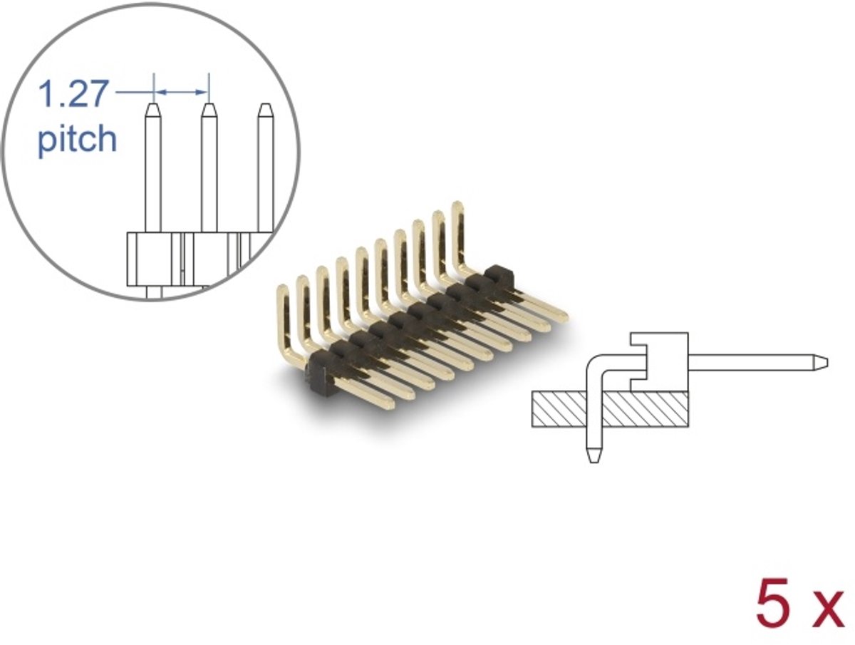 Delock Pin header 10 pin, pitch 1.27 mm, 1-row, angled, 5 pieces