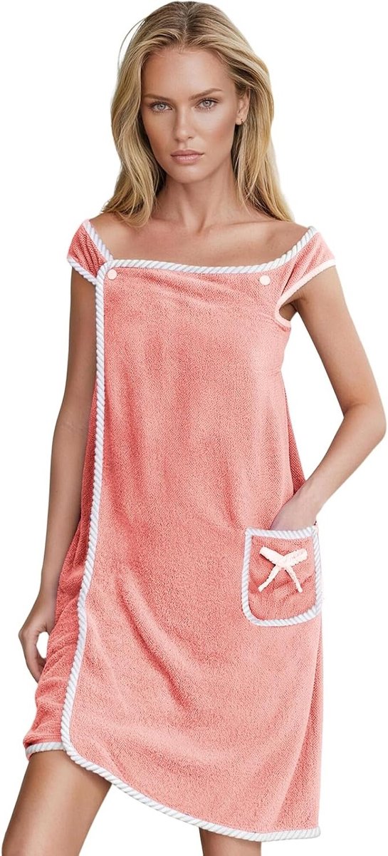 Zachte Coral Fleece Badjas en Handdoek - Sneldrogend, Verstelbaar en Ideaal voor Spa, Sauna en Strand (Lichtroze)
