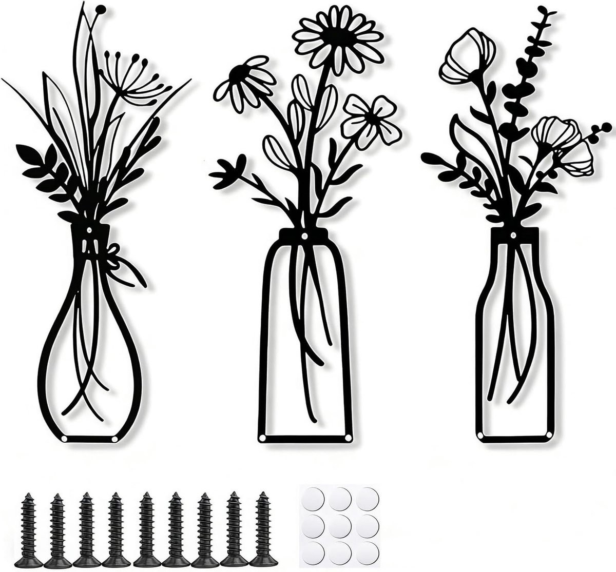 Set van 3 Metalen Wanddecoraties met 3D Effect, Zwarte Bloemenvazen voor Woonkamer, Slaapkamer en Kantoor, Inclusief Montageaccessoires en Eenvoudige Installatie