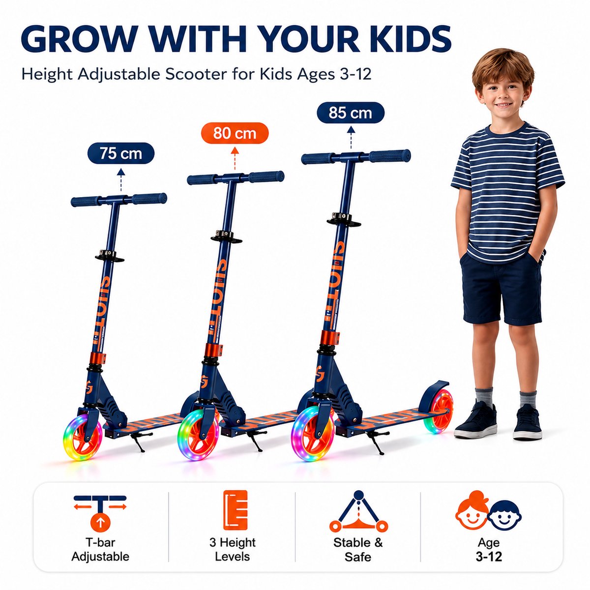 Suotu Kinderstep - 145mm Lichtgevende Wielen - Step - Speelgoed Jongens/Meisjes - Max stuurhoogte: 85 cm - Aluminium - Blauw/Oranje — afbeelding 5
