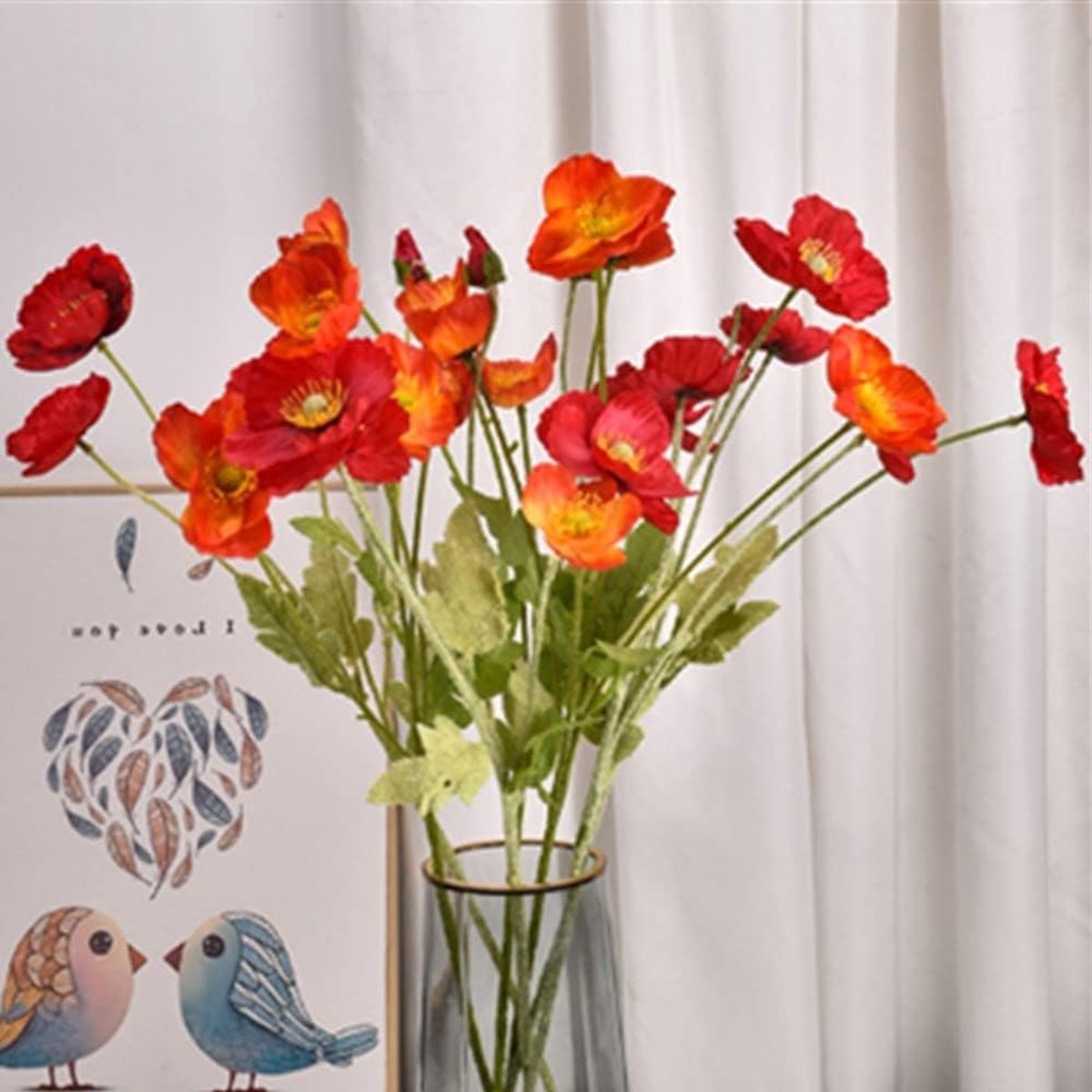 Set van 6 Zijde Nep Papaver Bloemen voor Thuisdecoratie, Faux Poppy Bloem Centerpiece en Kunstplanten voor een Kleurrijke Bloemarrangement (Oranje Rood)