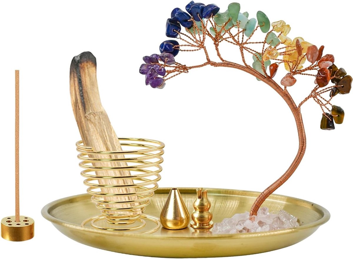 5-in-1 wierookbrander met 7 chakra kristalboom, ideaal voor meditatie, yoga en interieurdecoratie, inclusief Palo Santo en saliehouder