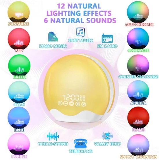 Wekker met licht - Wake-up light - Zacht ontwaken - Simuleert zonsopgang - 180 mm breed - Meerdere kleuren — afbeelding 4