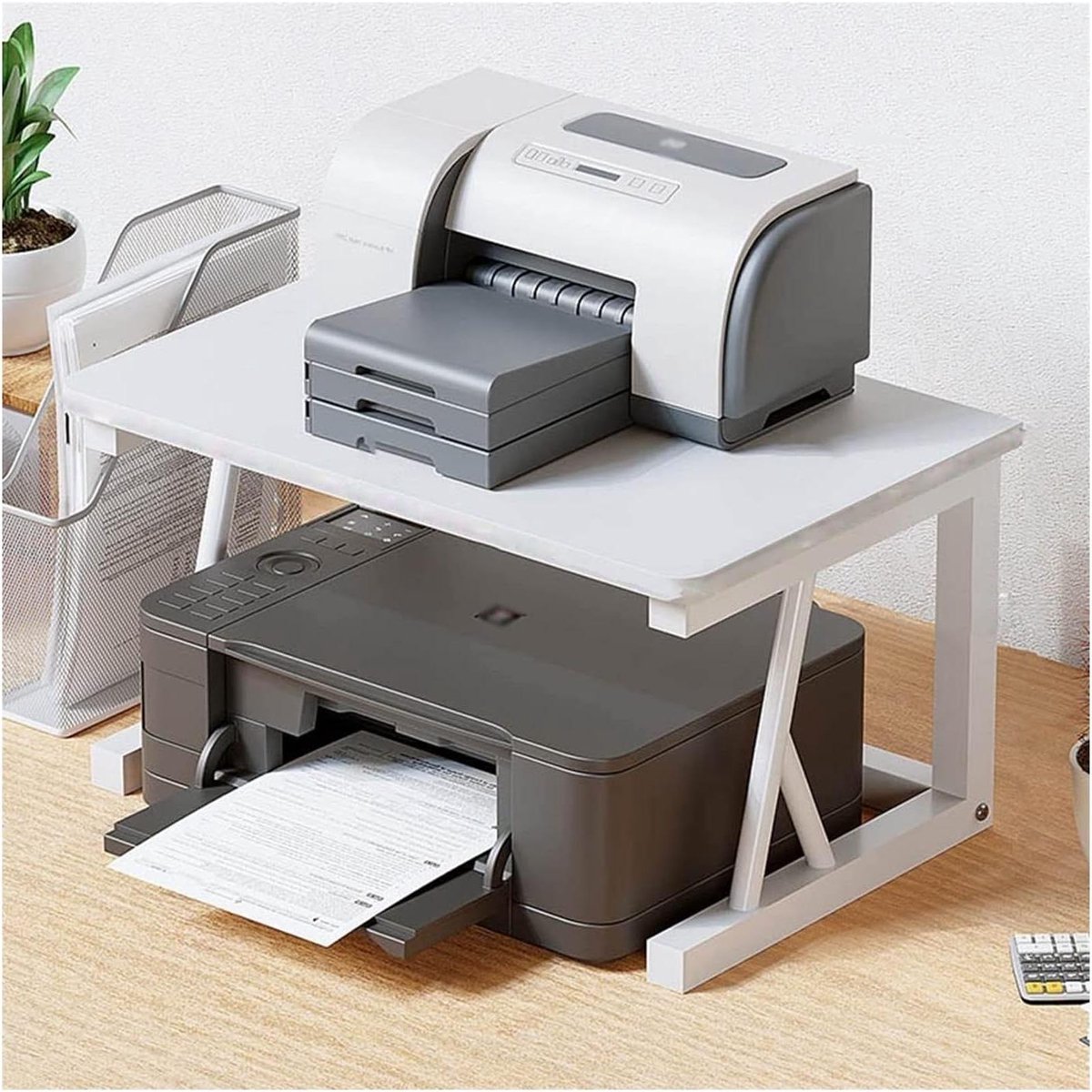 Printer Tafel - Opbergrek Kantoor - Werkruimte Organiseren - Dubbele Laag - 57x34x38cm - Houtkleur