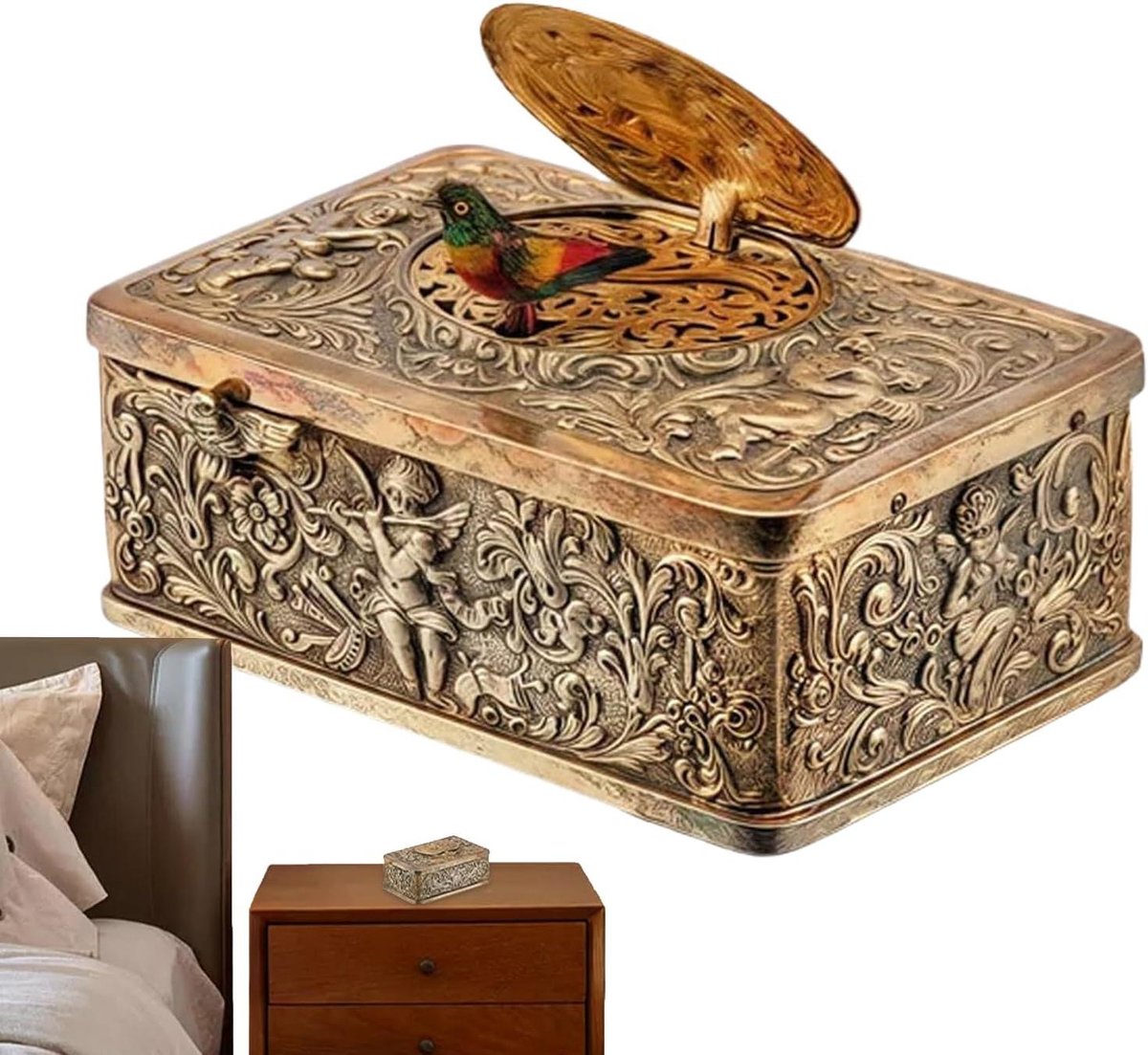 Muziekdoos Decoratie - Tafelornament Opwindbaar - Ontspannende Sfeer - Natuur Geïnspireerde Melodieën - 10 x 6 x 4 cm - Goud/Zilver