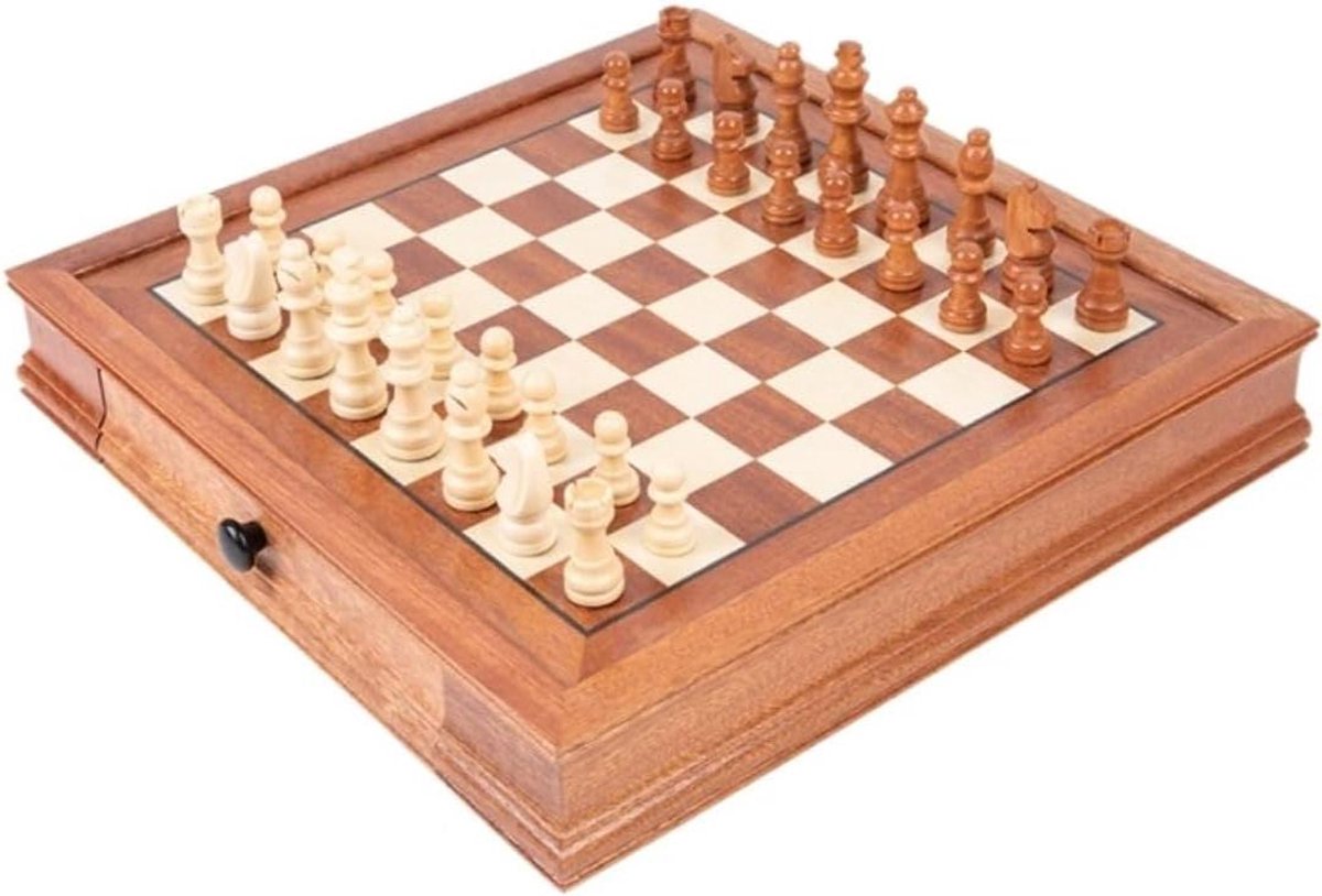 Schaakspel Hout - Schaakbord Set - Educatief Spel - Met Opbergruimte - 31.5 x 31.5cm - Beige