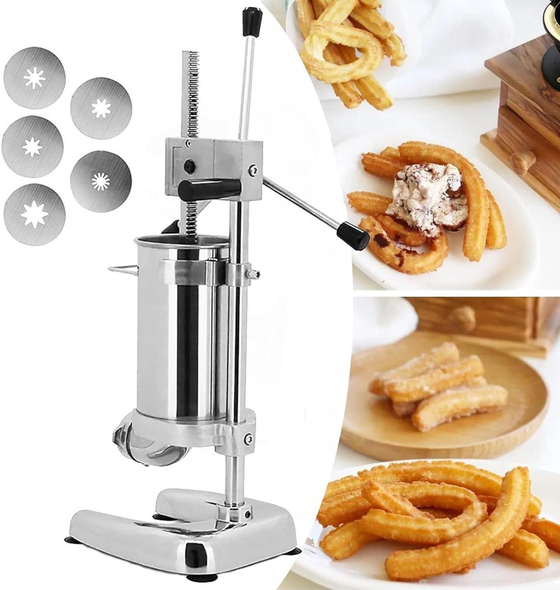 Churro Maker - Donut Maker - Zelf Bakken - 5 Vormen Inclusief - 3L Capaciteit - Zilver