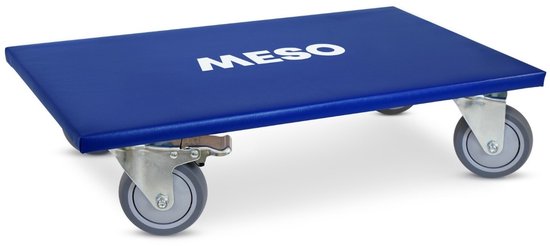 Blauwe meubelroller met vier grijze wielen en het MESO logo op het blauwe oppervlak.