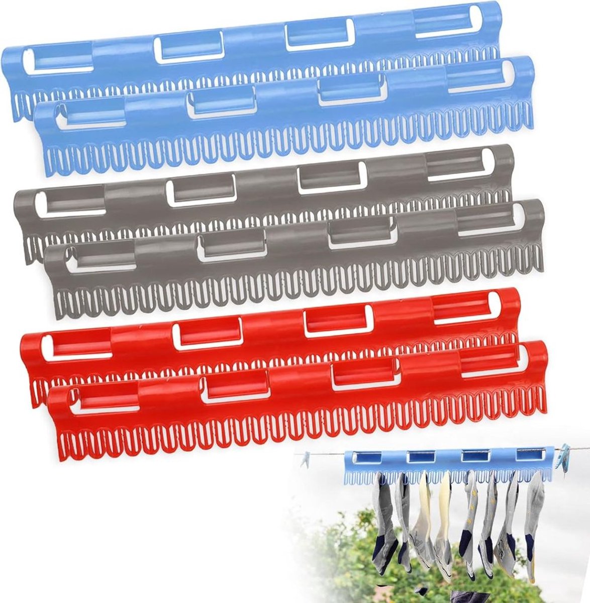 Dit 6-delige sokkendroogrek isvoor voor het drogen van kleding, plastic sokkenrekken en wasdrogers. Het kan gebruikt worden om sokken en ondergoed op te hangen en te drogen.