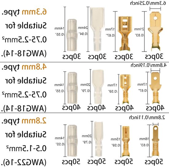 480 stuks Spade Connector Set met Isolatiesleeves - Mannen en Vrouwen, Kabelschoenen Assortiment, Crimp Terminals en Elektrische Verbindingen — afbeelding 5