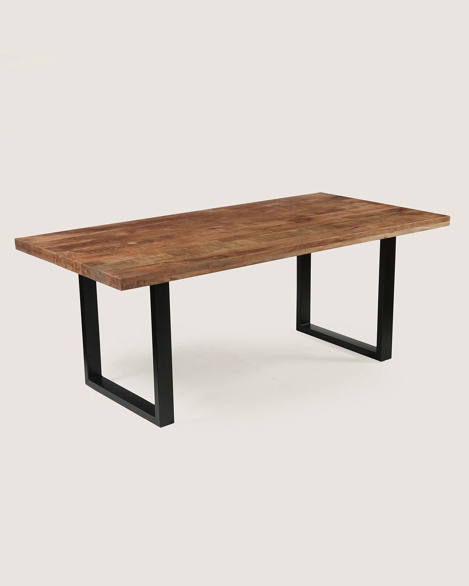 Rechthoekige Eettafel 160 cm Mangohout – Rustiek – Zwart Metalen U-Poot – Industrieel – 4-6 Personen