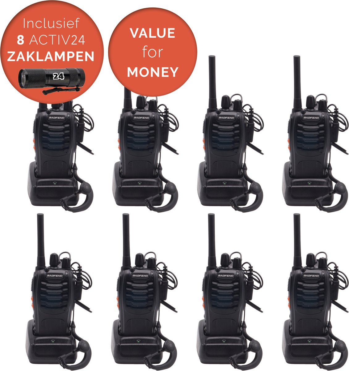 Activ24™ - Walkietalkie - Set van 8x Baofeng BF-88E PMR portofoons met headsets en 8x Activ24™ zaklampen - Vergunningsvrij - Walkie Talkie - BF88E portofoon