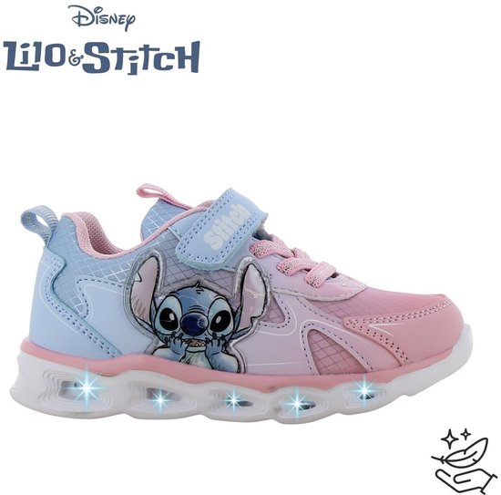 Roze en lichtblauwe kindersneaker met Stitch-print, klittenbandsluiting en lichtjes in de zool.