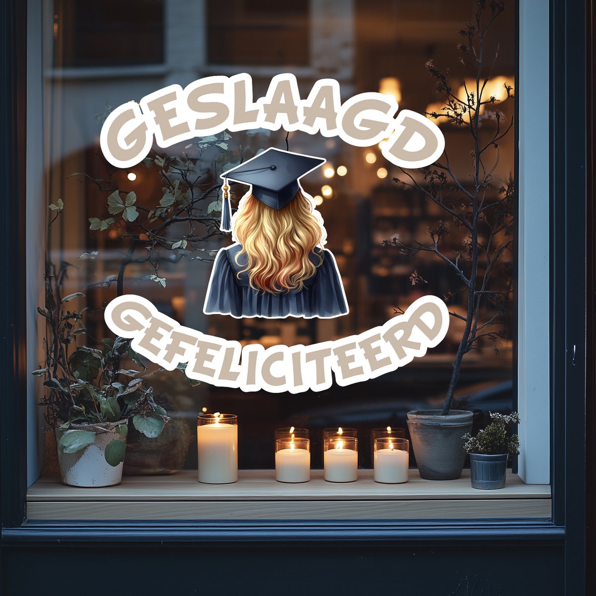 Geslaagd Raamsticker- blond haar- gefeliciteerd geslaagd- geslaagd cadeau- einde schooljaar-examens gehaald.