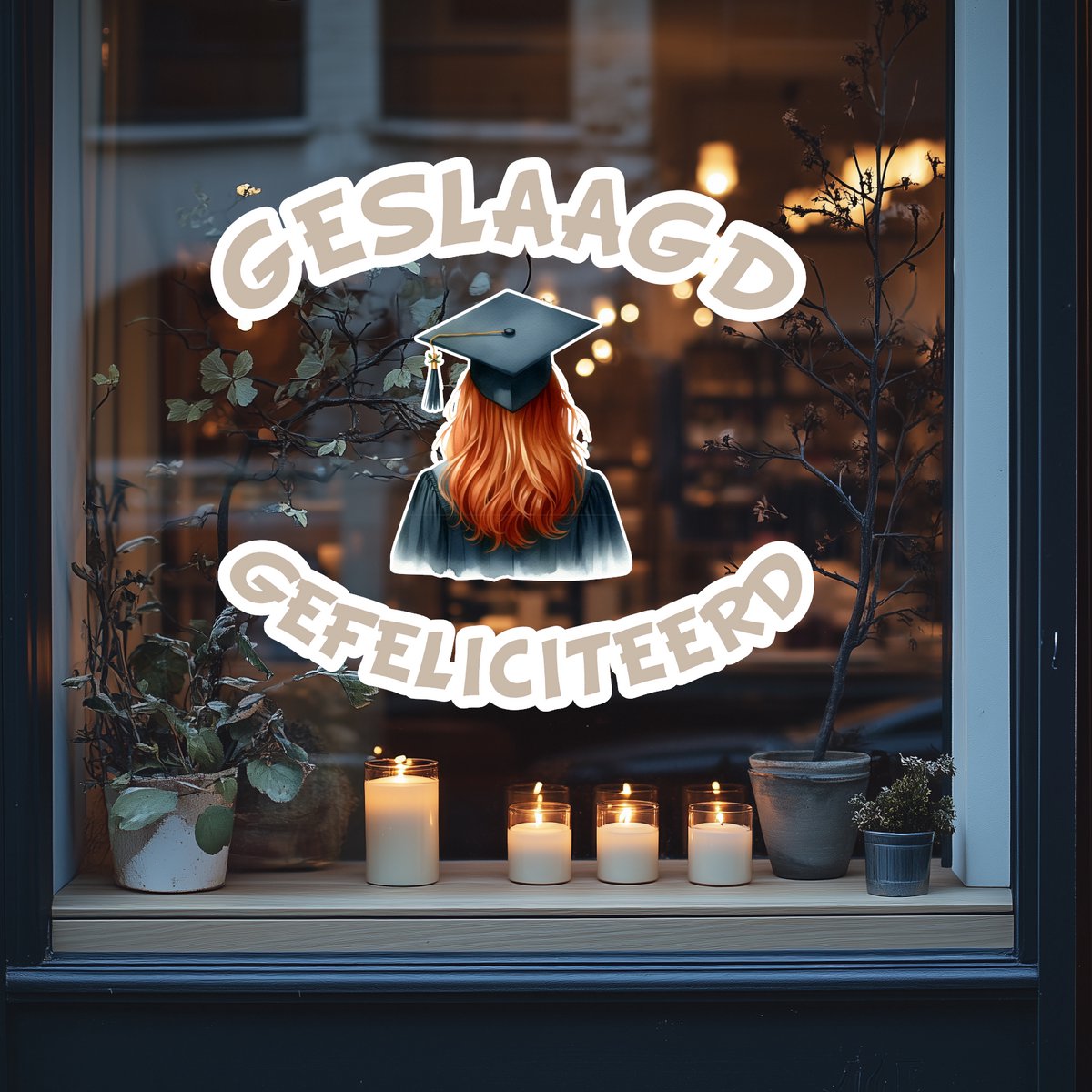 Geslaagd Raamsticker- rood haar- gefeliciteerd geslaagd- geslaagd cadeau- einde schooljaar-examens gehaald.
