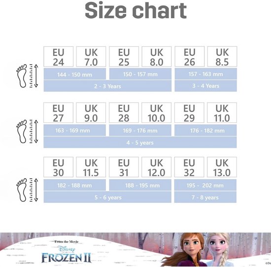 Maattabel voor Frozen regenlaarzen.