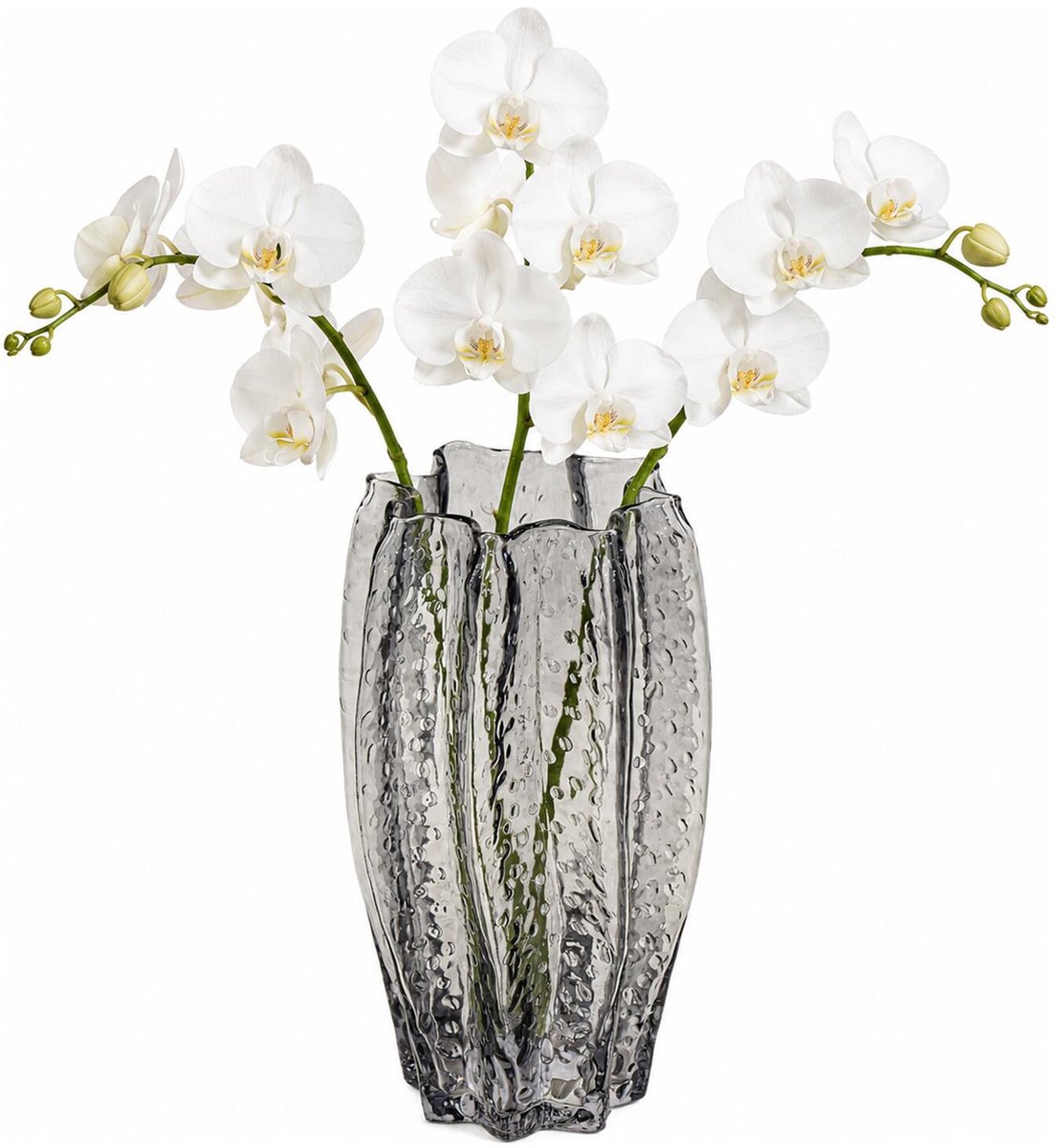 Mega Collections Bloemenvaas Callas - bewerkt sier glas - D15 x H28 cm - transparant smoke grijs - boeket en stelen - Moderne stijl