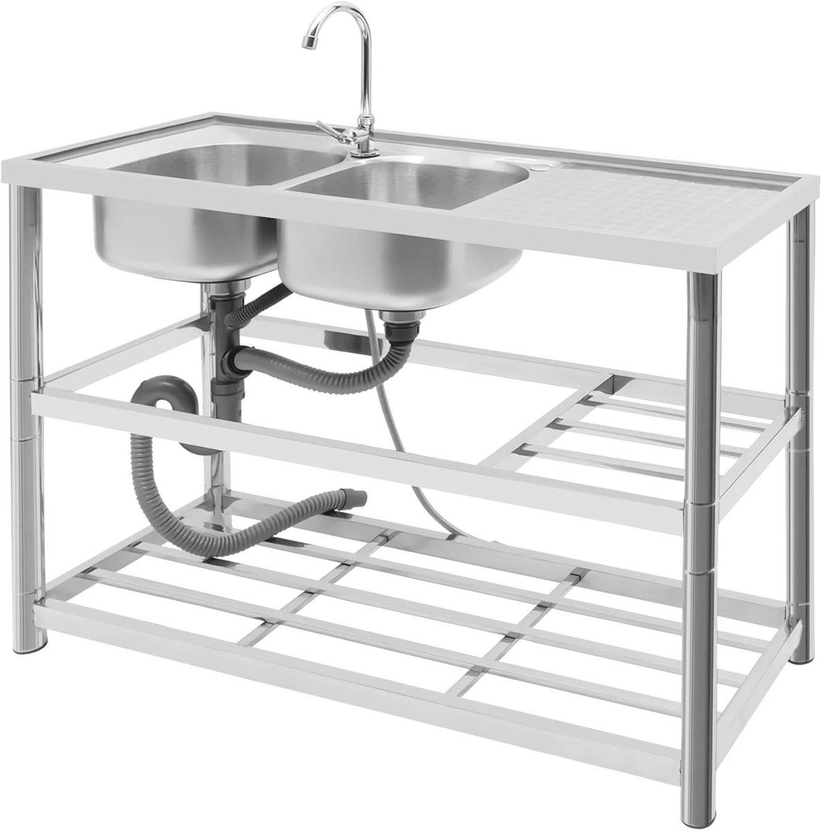 Cellista Dubbele Spoelbak RVS 120x60cm - Horeca Spoeltafel Vrijstaand - Commerciële Spoelbak met Kraan - Professionele Wasbak 3 Planken - 80cm