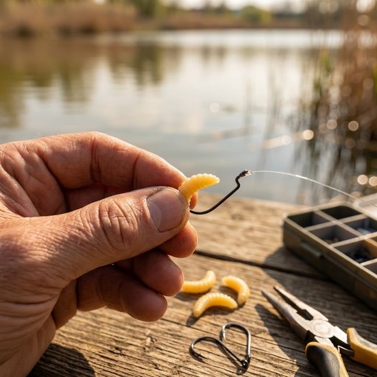 Beige vis aas kunstaas set unisex rubber maden vishaas met vis haken zachte imitatie wormen voor forel crappie panvis en zoetwater vissen 55 stuks — afbeelding 4