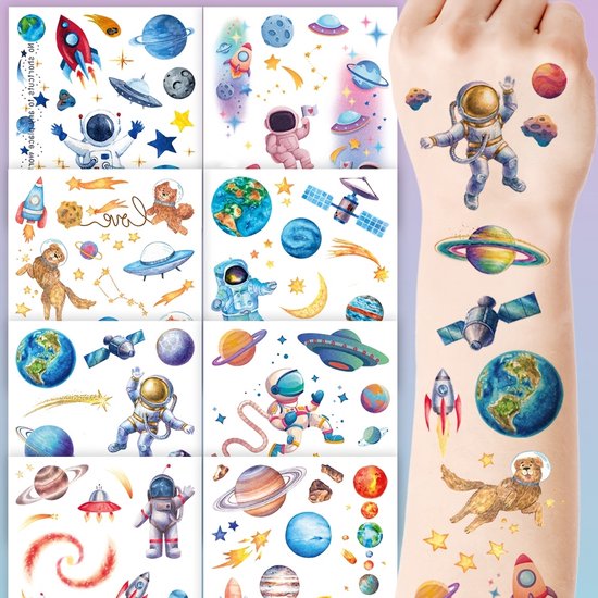8 Vellen Glitter Ruimte Tijdelijke Tattoos – Tattoo stickers Astronaut, Raket & Planeten Stickers – Waterdichte Body Art voor Verjaardagsfeest