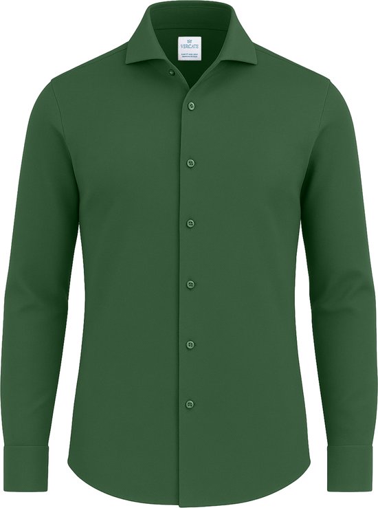 Vercate - Strijkvrij Overhemd - Japanese Knitted - Piqué Katoen - Groen - Slim Fit - Lange Mouw - Heren - Maat 40/M