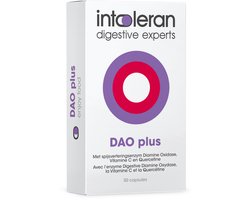 Intoleran DAO Plus Spijsverteringsenzymen - 50 capsules | Voedingssupplement bij DAO-gebrek | 30.000 HDU Enzym Diamine Oxidase (DAO) | Vitamine C & Quercetine | Maagzuur resistente coating