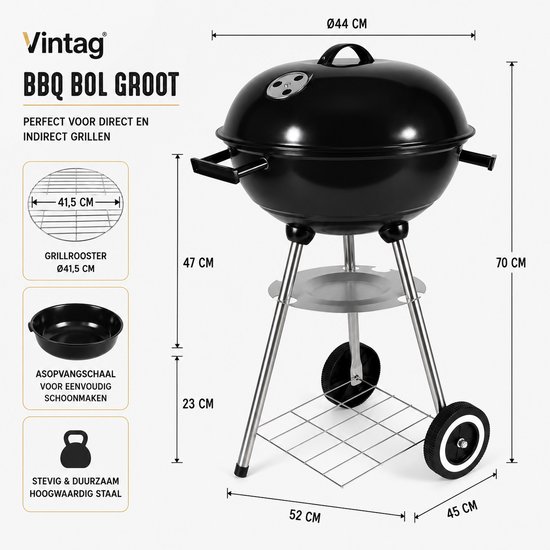 BBQ - Bol - Groot - ø44 x 70 cm - Staal - incl wielen van BBQ+ — afbeelding 3