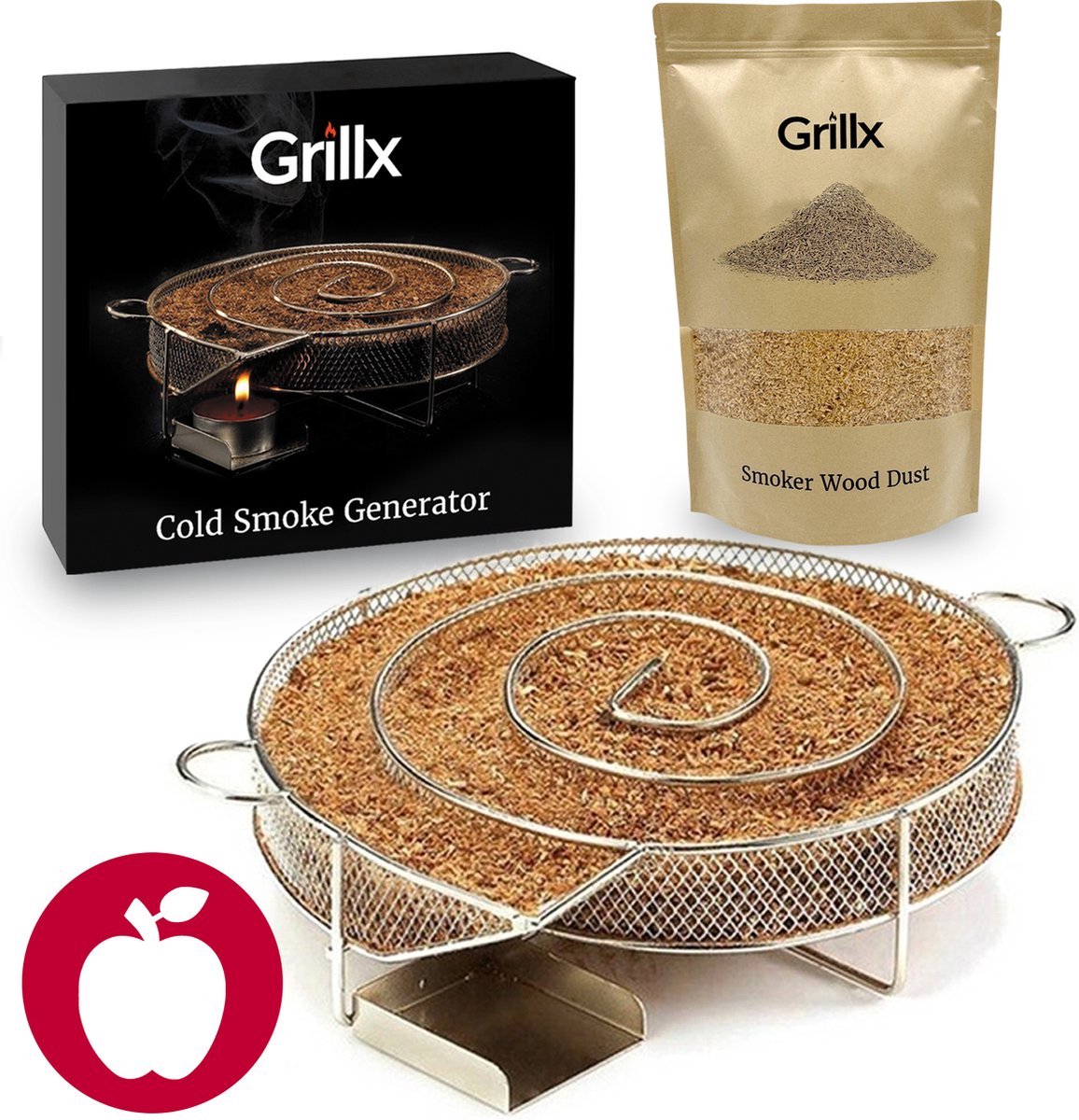 Grillx Cold Smoke Generator met Appel Rookmot - 3 Liter - Smokerbox - RVS Rookbox - Rookgenerator - Koud roken - BBQ Accesoires