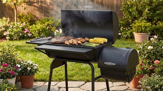 Houtskoolbarbecue House&Garden Smoker Pro XXL - BBQ Grillwagen met Deksel, Rookoven, Thermometer & Zijtafels - Grote Houtskool Grill Smoker voor Buiten - Verrijdbare Barbecue Grill met Schoorsteen - 147x126x126 cm - Zwart — afbeelding 2