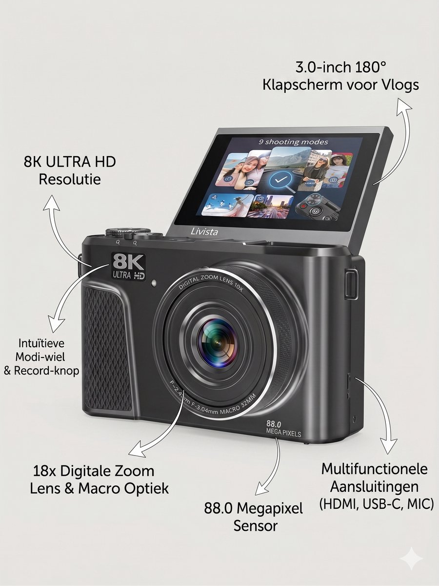 Livista Digitale Camera 8K - 88MP - 18X Digitale Zoom - WiFi - 3.0" UHD-display - Fototoestel - Mini Camera - Fotocamera - Compact Camera - Incl. 64GB SD Kaart - Vlog Camera voor Kinderen thumbnail 4