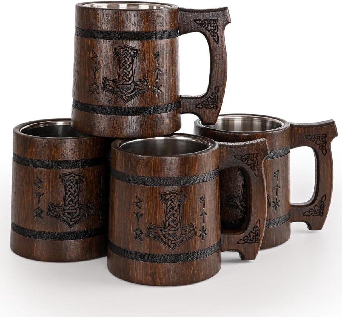 Viking Bierpul - Houten Mok Beker - Bier Drinken - Roestvrijstalen Binnenbeker - 06 Liter - Donkerbruin