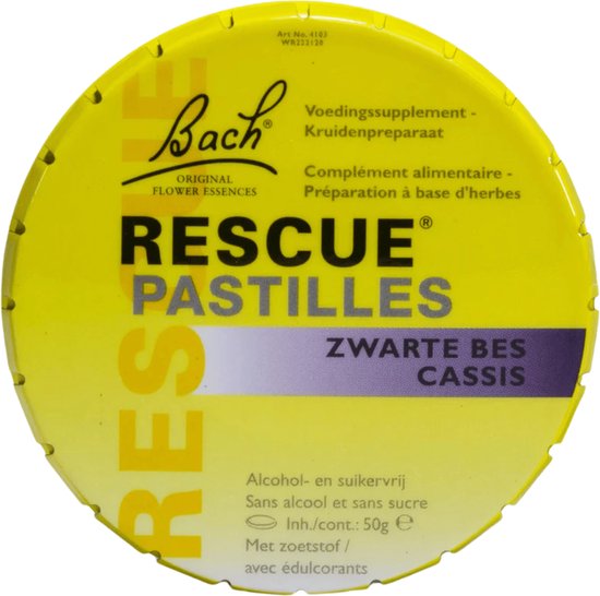 Gele deksel van RESCUE PASTILLES ZWARTE BES CASSIS met Bach bloesem logo en informatie.