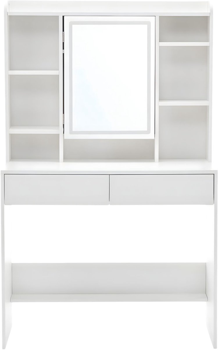 Tafelset – Voor badkamer of slaapkamer – Inclusief LED-spiegel, verstelbare plank, verborgen lade en sieradenzak – Wit