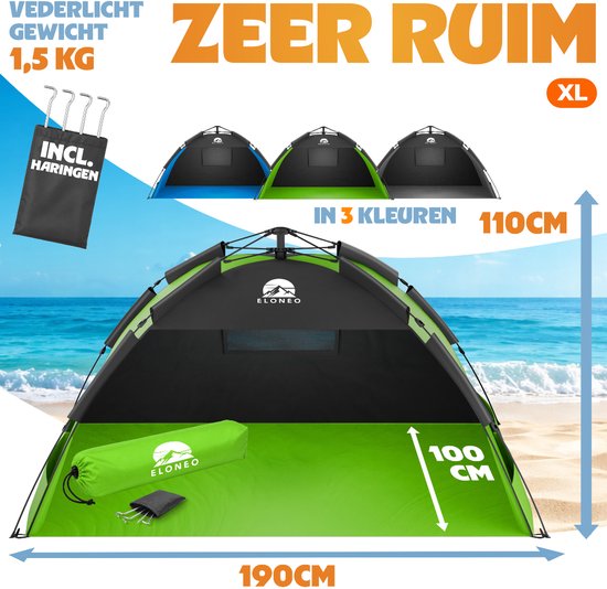 ELONEO Pop-up Strandtent UV-bescherming 80+, Lichtgewicht en compact inkl. draagtas, Strandzonwering & windbescherming voor baby’s en volwassenen - XL Groen van ELONEO — afbeelding 5