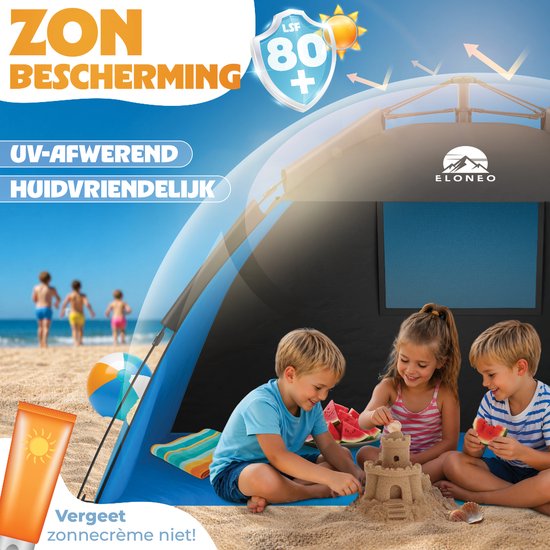 ELONEO Pop-up Strandtent UV-bescherming 80+, Lichtgewicht en compact inkl. draagtas, Strandzonwering & windbescherming voor baby’s en volwassenen - XL Blauw van ELONEO — afbeelding 3