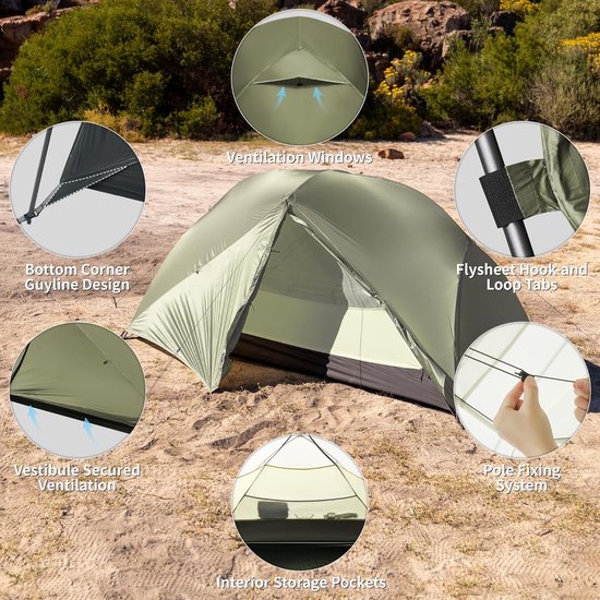 Naturehike Mongar PRO 2 - 2-persoons lichtgewicht tent - Incl. grondzeil - 20D 3000MM - 3-seizoenen koepeltent - Waterdichte trekkerstent & kampeertent - Olijfgroen van Naturehike — afbeelding 2