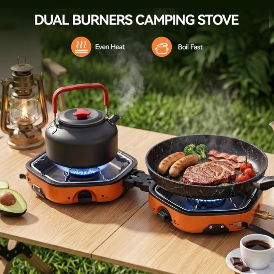 Camping Gasstel - Draagbare Kookplaat - Buiten Koken - Dubbele Brander - 24x23x11.5 cm - Oranje — afbeelding 5