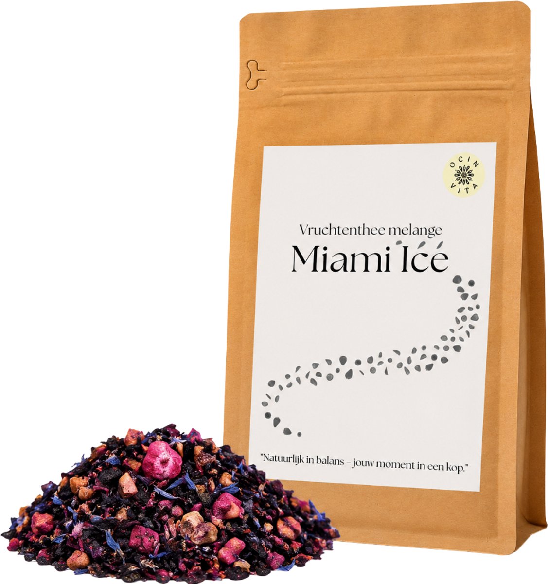 Miami Ice Fruitthee 100g – Tropische Fruitthee met Mango, Perzik & Bessen – Cafeïnevrije Fruitinfusie – Losse Thee – Ocin Vita