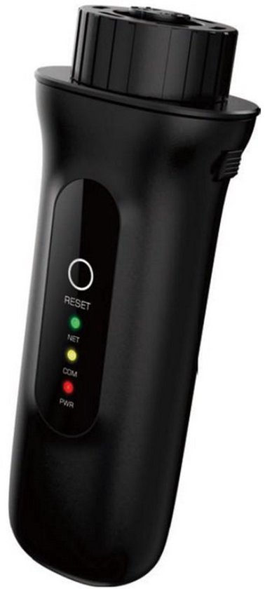 Zwarte Solis S5 WIFI-ST-4P adapter met 4 pin aansluiting en indicatielampjes voor RESET, NET, COM en PWR.