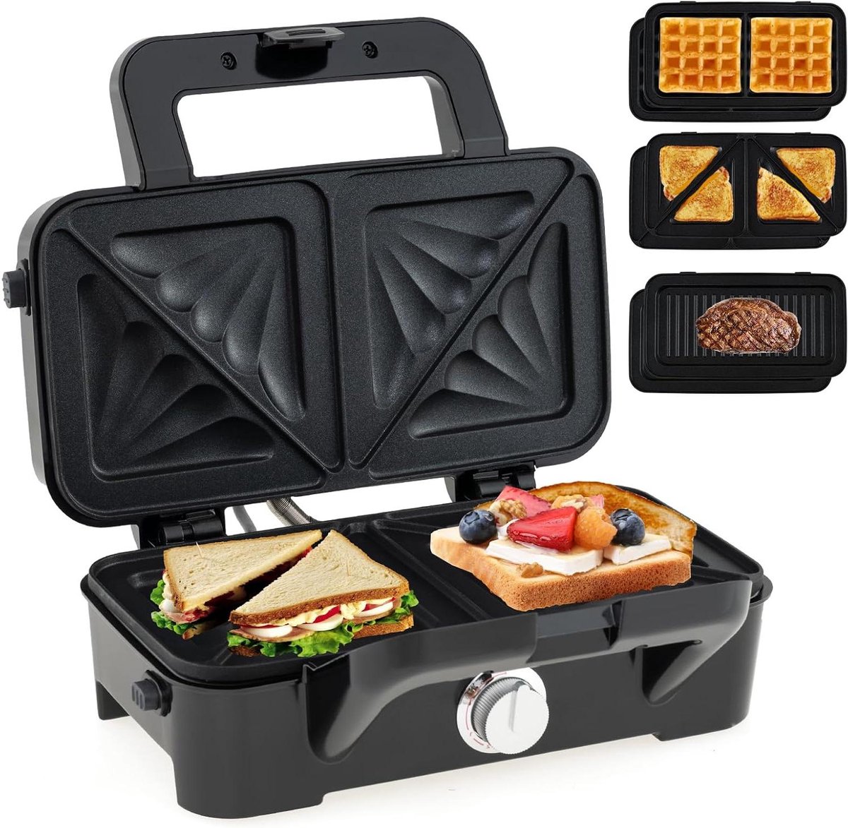Tostiijzer Panini Maker - Wafelijzer Contactgrill - Snelle Maaltijden - 3-in-1 Verwisselbare Platen - 23x29x12 cm - Zwart
