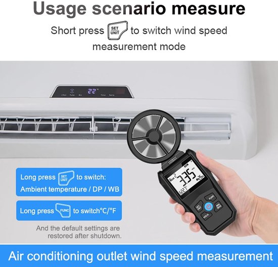 Digitale Anemometer - Windsnelheid Meter - Luchtstroom Meten - Hoge Nauwkeurigheid - 180 Graden Rotatie - Grijs — afbeelding 5