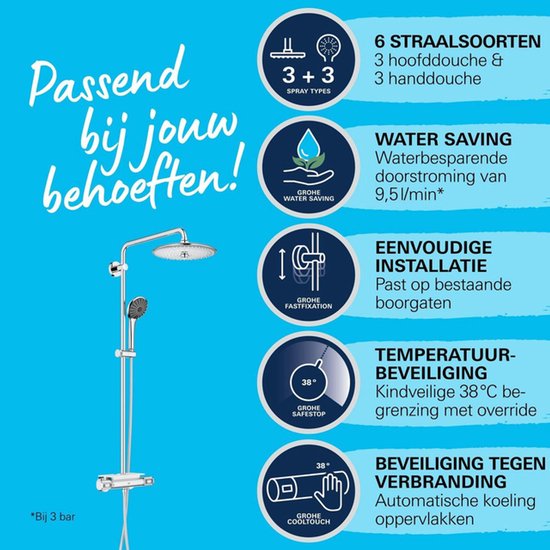 Douchesysteem met 6 straalsoorten, waterbesparing, eenvoudige installatie, temperatuurbeveiliging en CoolTouch.