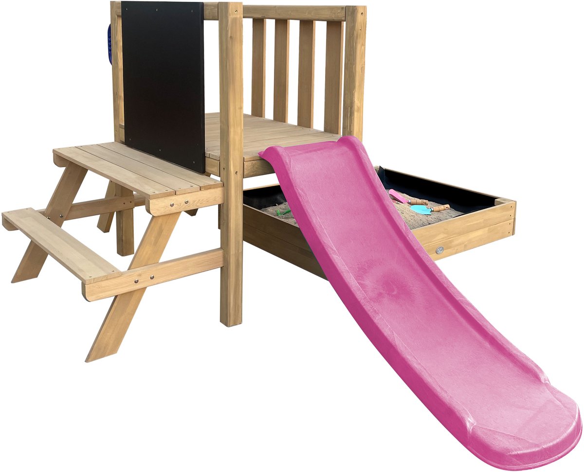 AXI Leah Mini Speeltoren met Zandbak en Picknicktafel – Paarse Glijbaan – Met Krijtbord – FSC hout – Klein speeltoestel voor de tuin / buiten