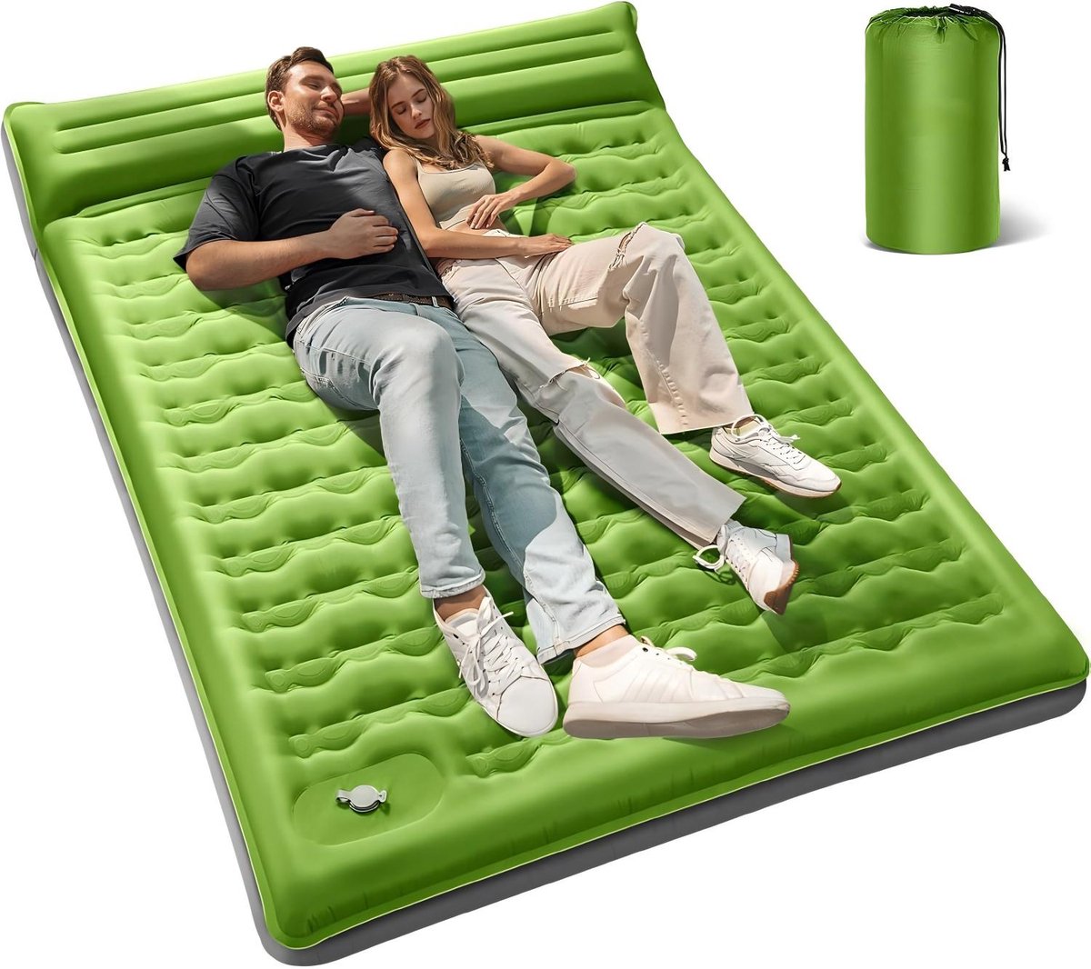 Slaapmat Zelfopblazend - Slaapmat met Ingebouwde Voetpomp & Hoofdkussen - Camping Matras - Slaapmatje - Voor Twee Spelers - Groen - 200*140*12cm