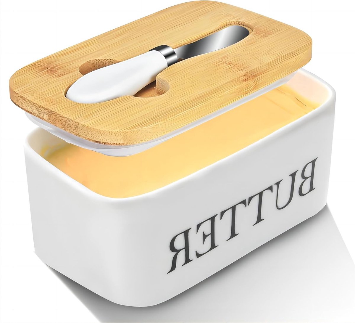 Grote Lucht- en Vochtbestendige Botervloot met Houten Deksel en Siliconen Afsluiting, Inclusief Botermes, Ideaal voor Versheid en Bewaring van Boter in de Keuken