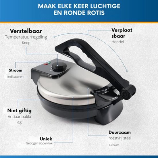 Thuys - Roti Maker 25.4 Cm - Met Gratis Rotin Afneembare Handgreep - Indiase Chapati - 1200W Warmer — afbeelding 5